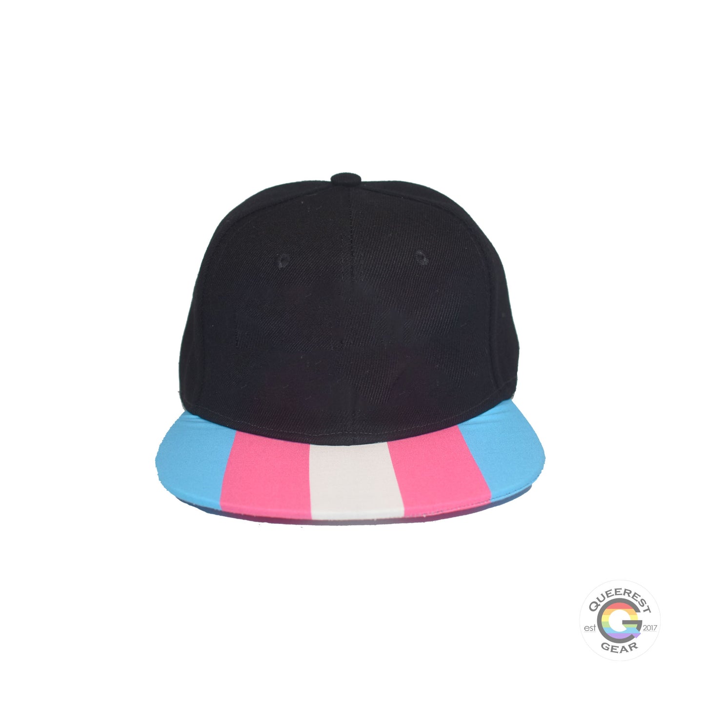 Black flat bill snapback hat. The brim has the transgender pride flag on both sides. Front view