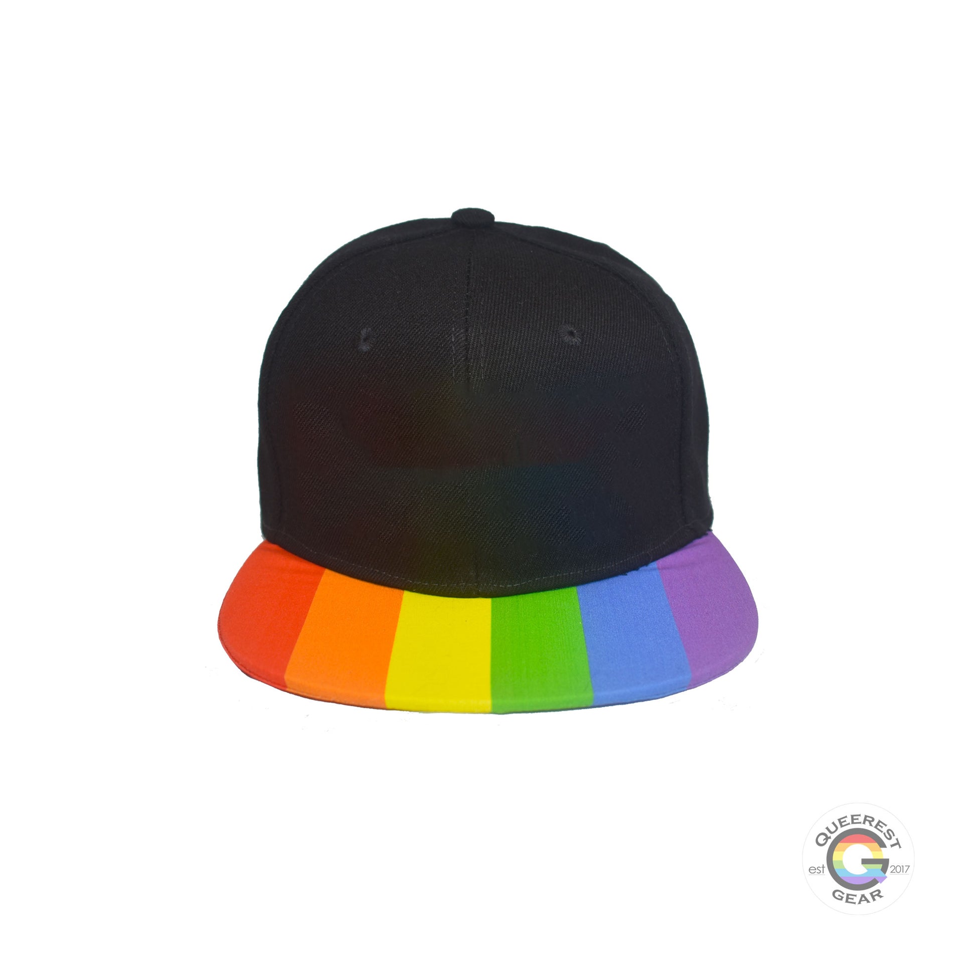 Black flat bill snapback hat. The brim has the rainbow pride flag on both sides. Front view