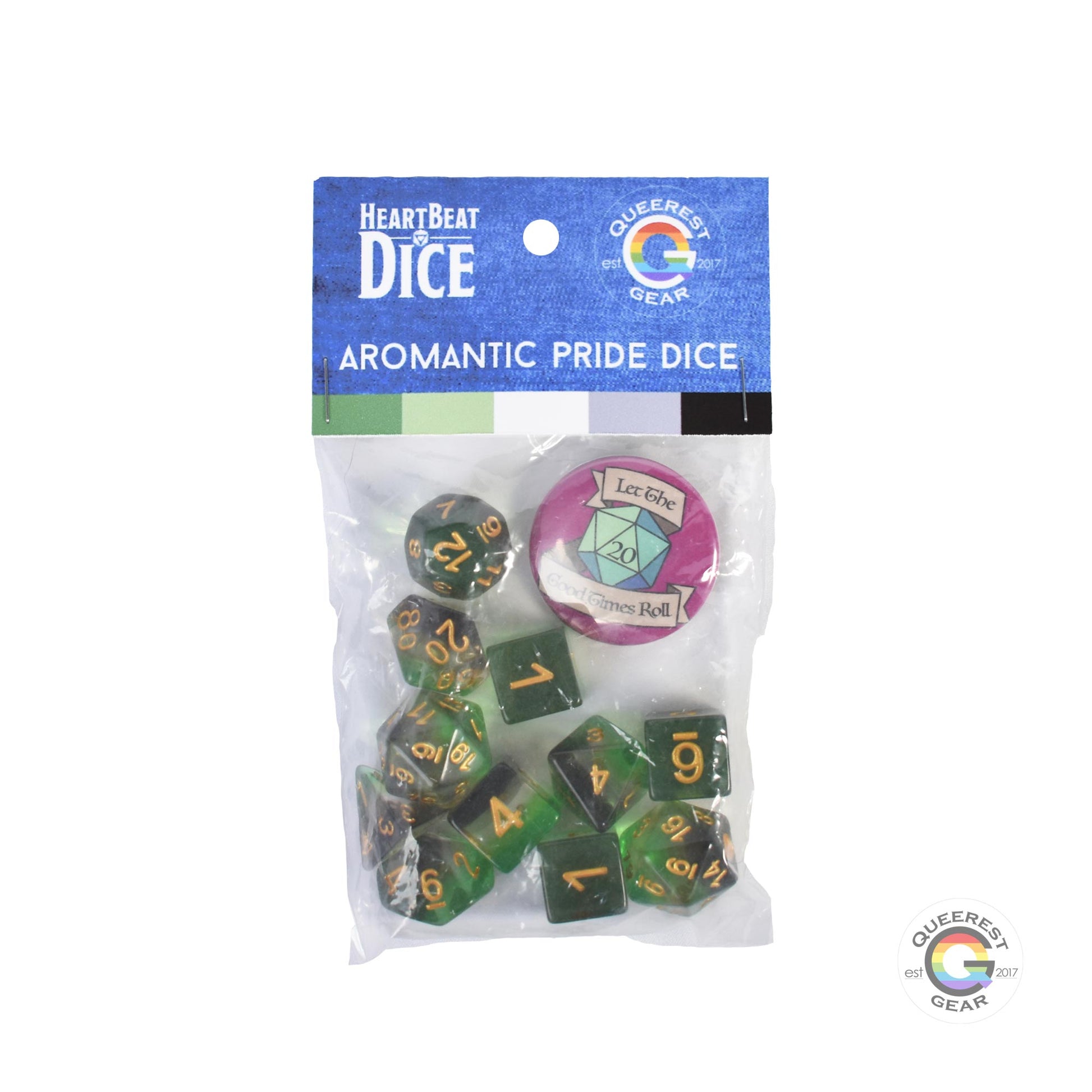 Aromantic pride dice in their packaging with a free “let the good times roll” button
