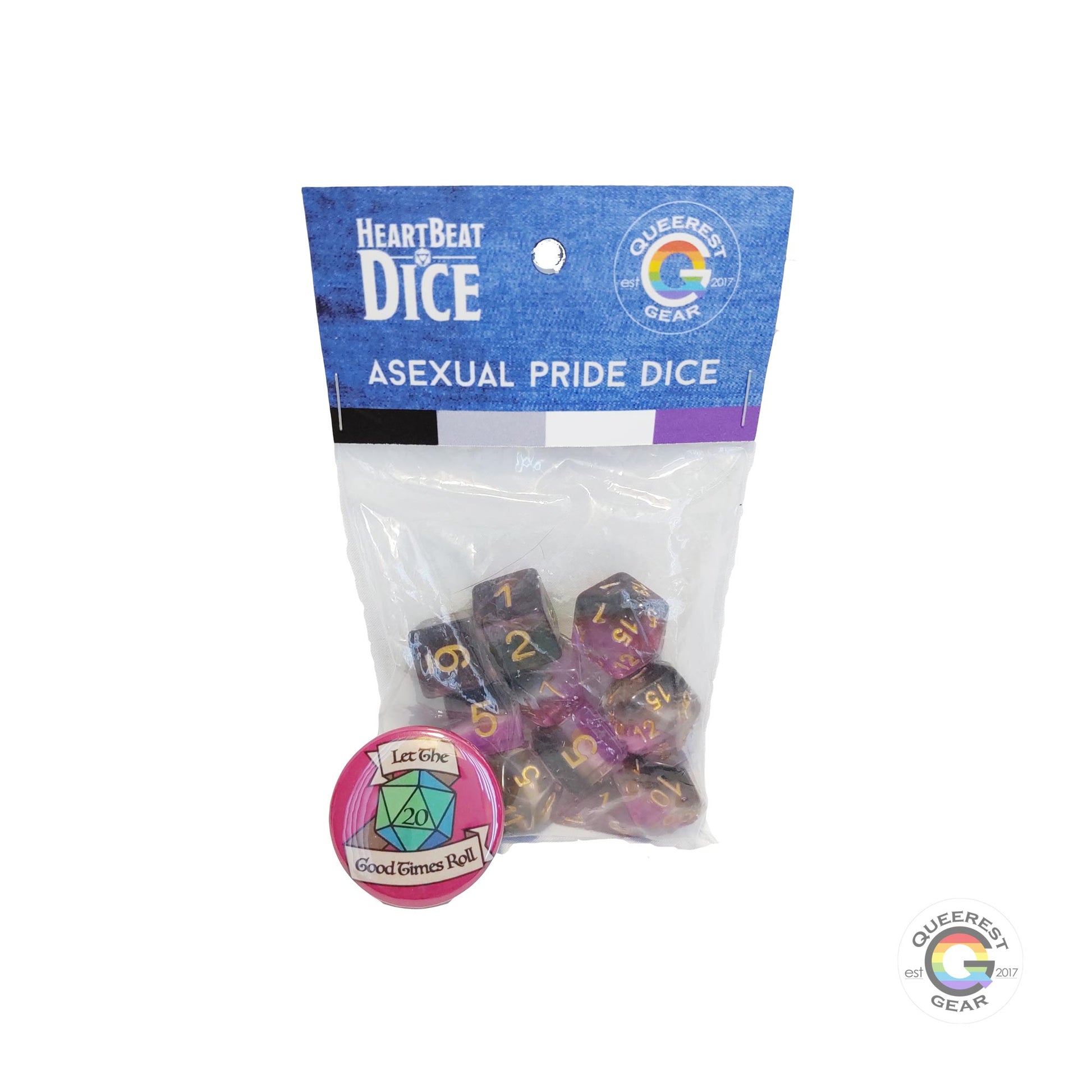  Asexual pride dice in their packaging with a free “let the good times roll” button