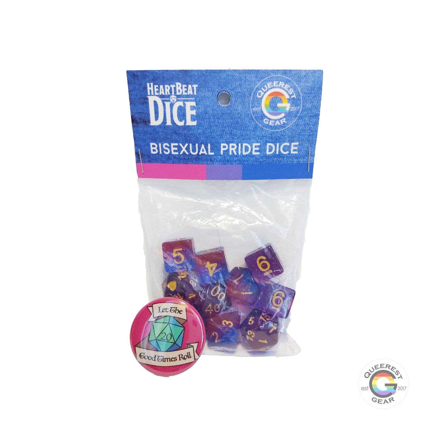 Bisexual pride dice in their packaging with a free “let the good times roll” button