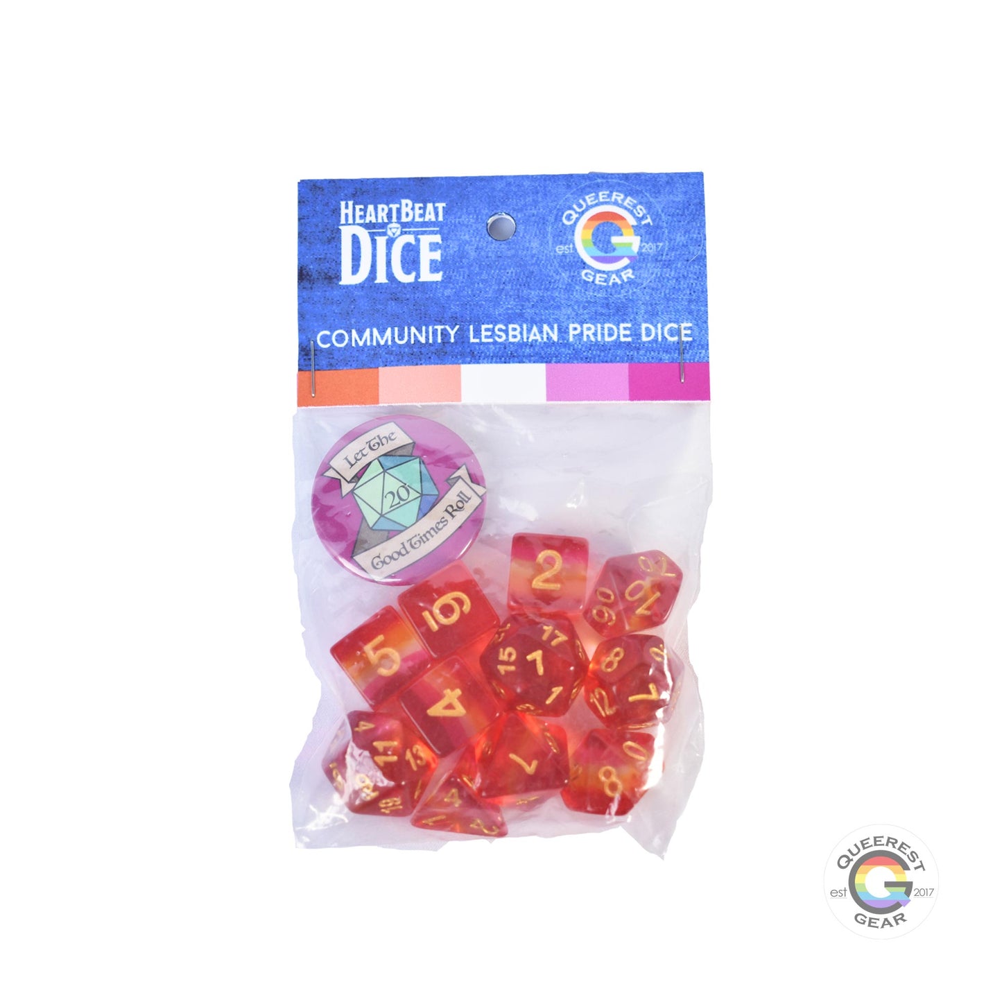 Lesbian pride dice in their packaging with a free “let the good times roll” button