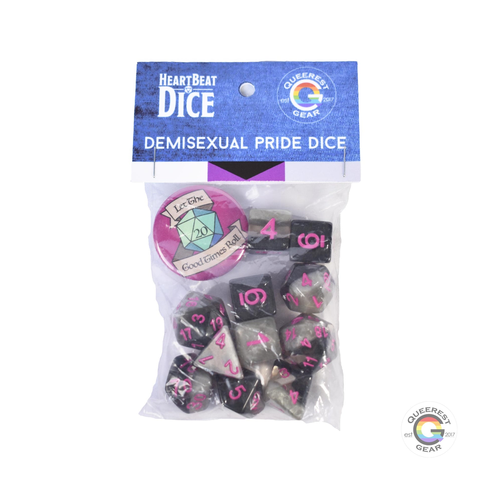 Demisexual pride dice in their packaging with a free “let the good times roll” button