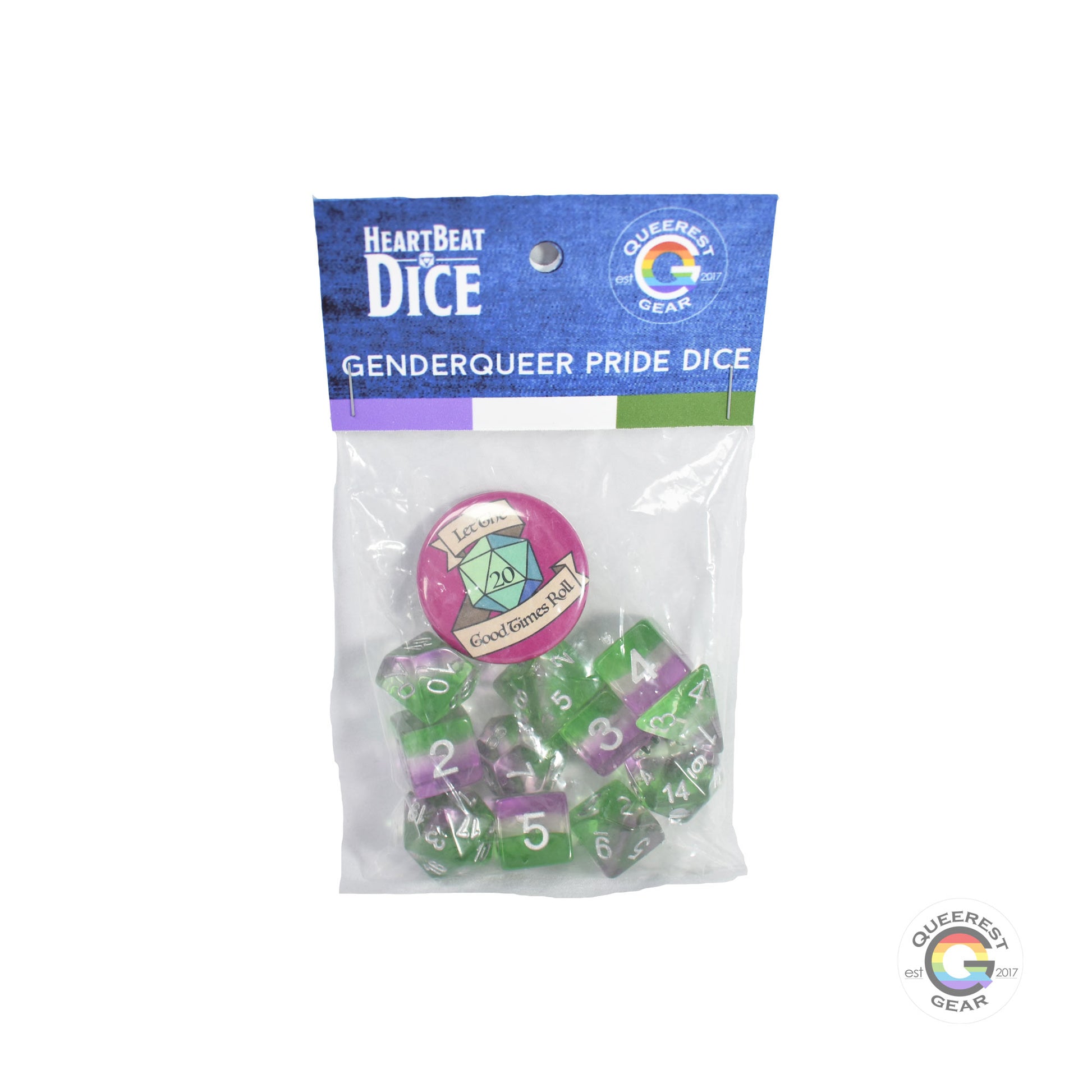 Genderqueer pride dice in their packaging with a free “let the good times roll” button
