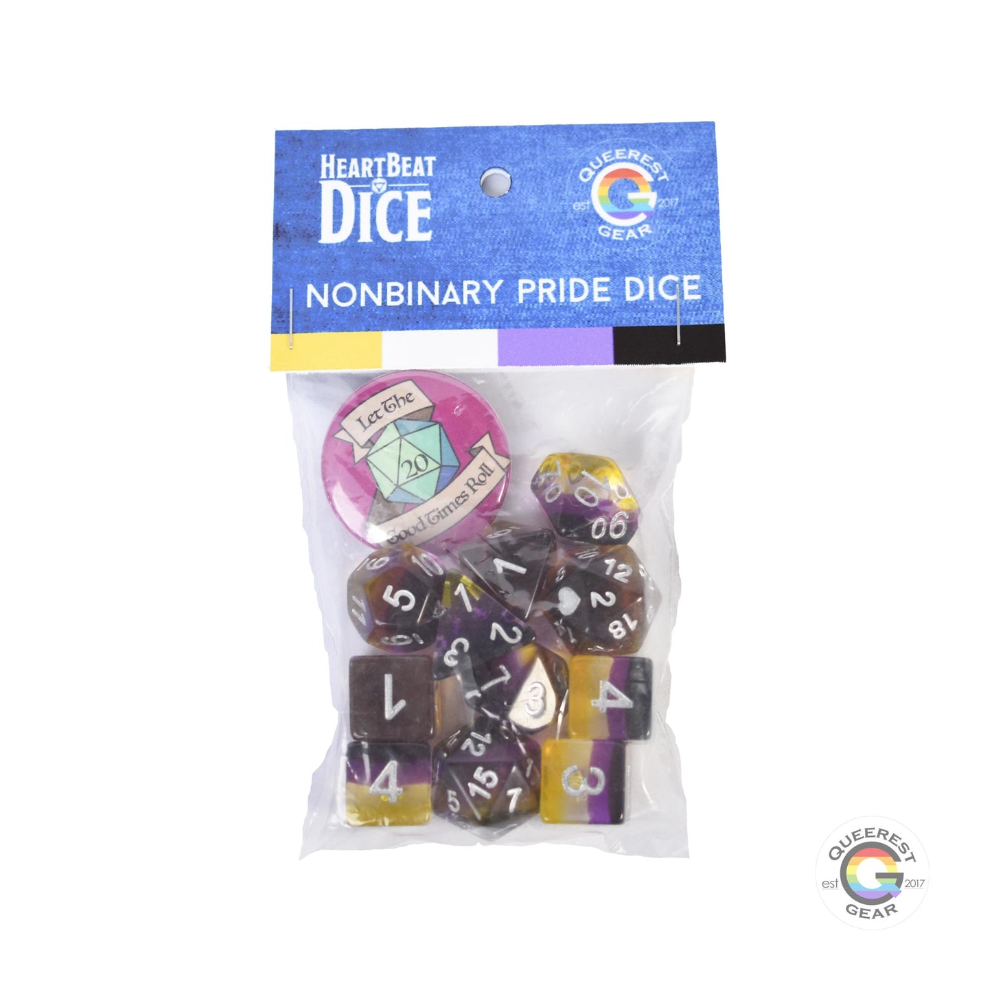 Nonbinary pride dice in their packaging with a free “let the good times roll” button