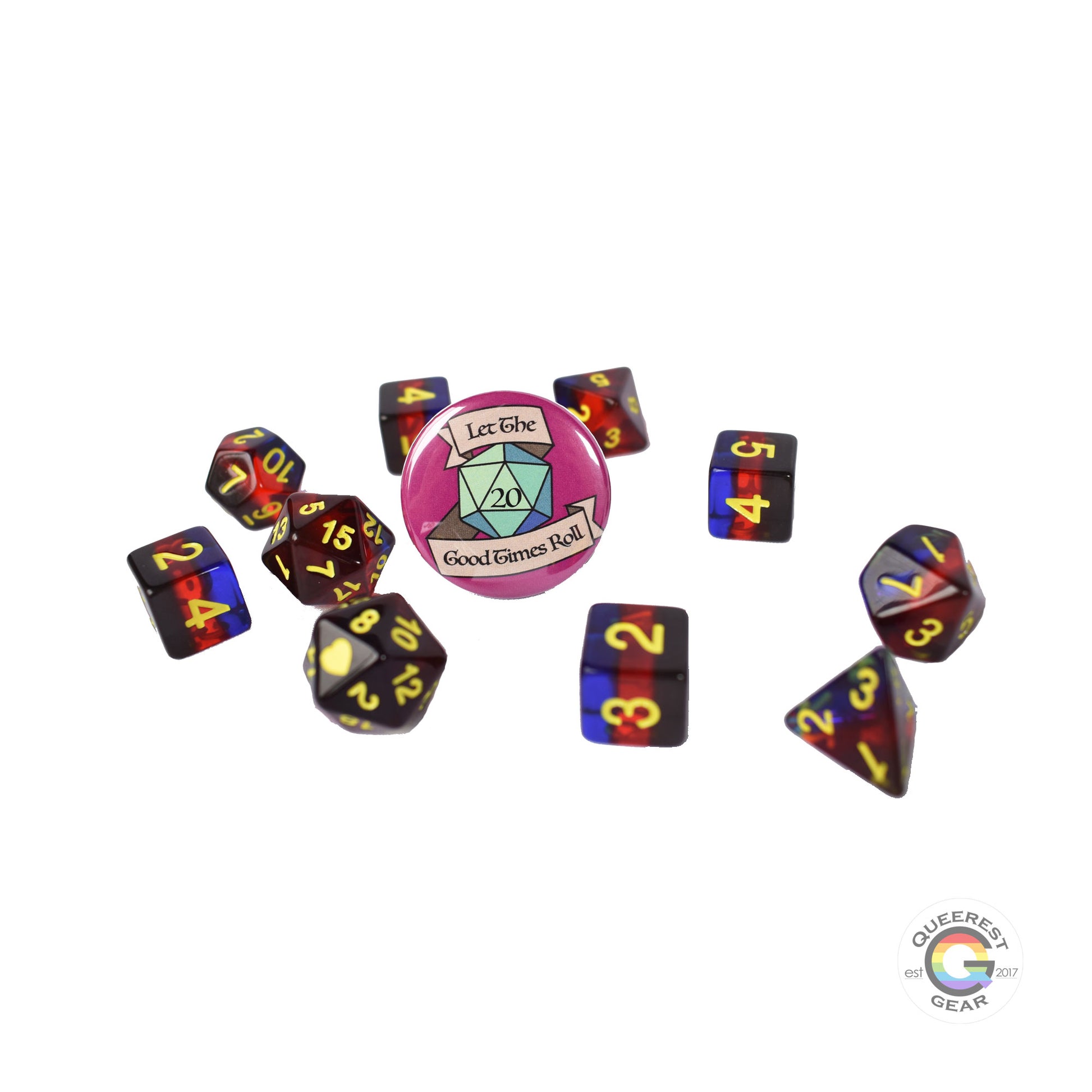 11 piece set of polyhedral dice scattered on a white background. They are transparent and colored in the stripes of the polyamory flag with yellow ink. There is the freebie “let the good times roll” pinback button among them