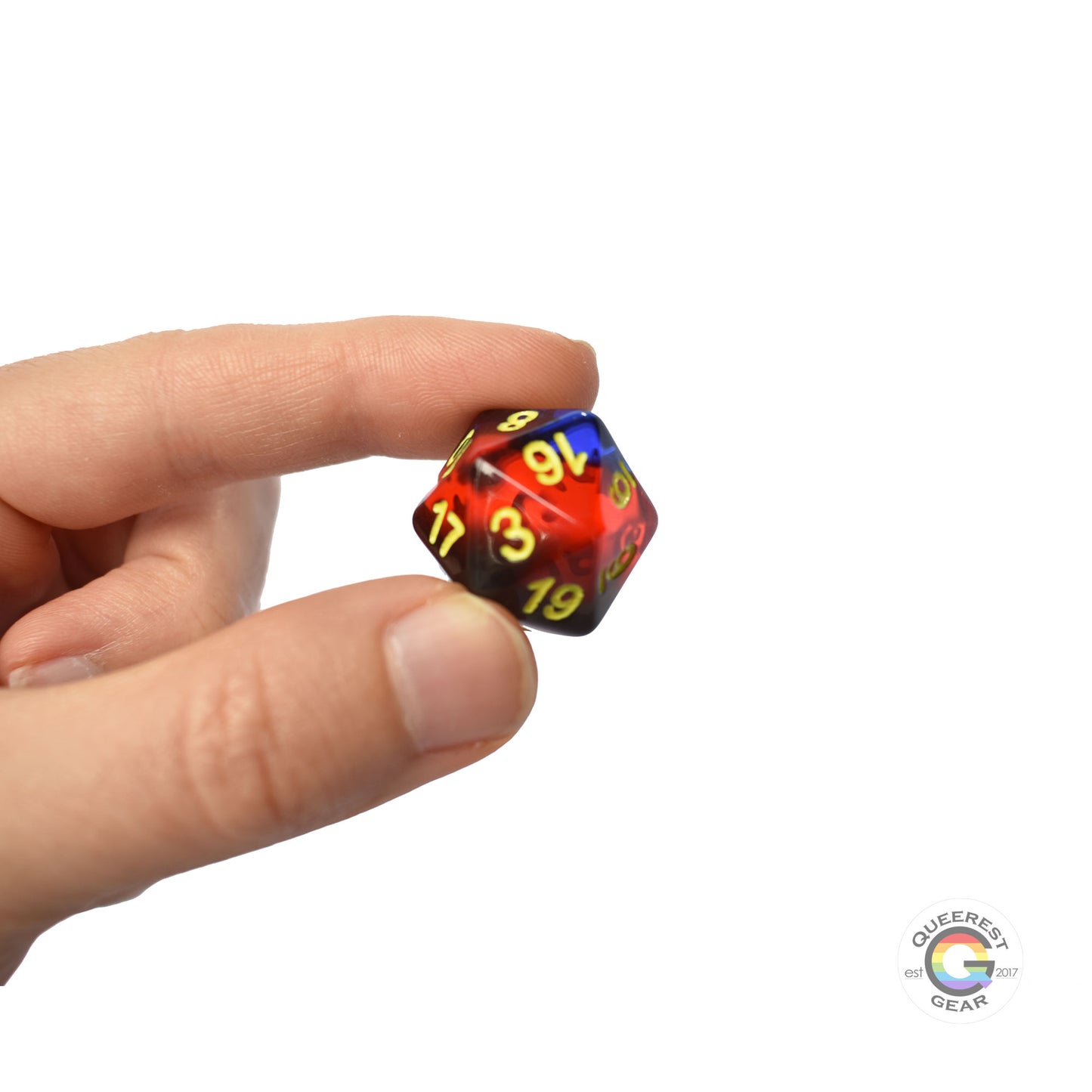 A hand holding up the polyamory d20 to show off the color and transparency