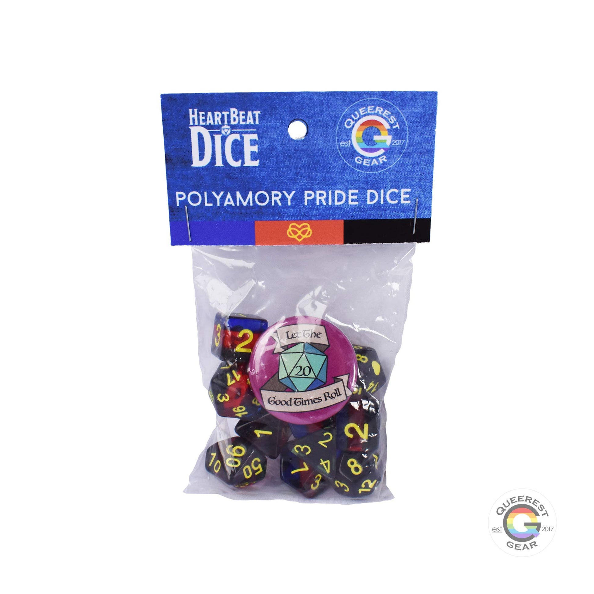 Polyamory pride dice in their packaging with a free “let the good times roll” button
