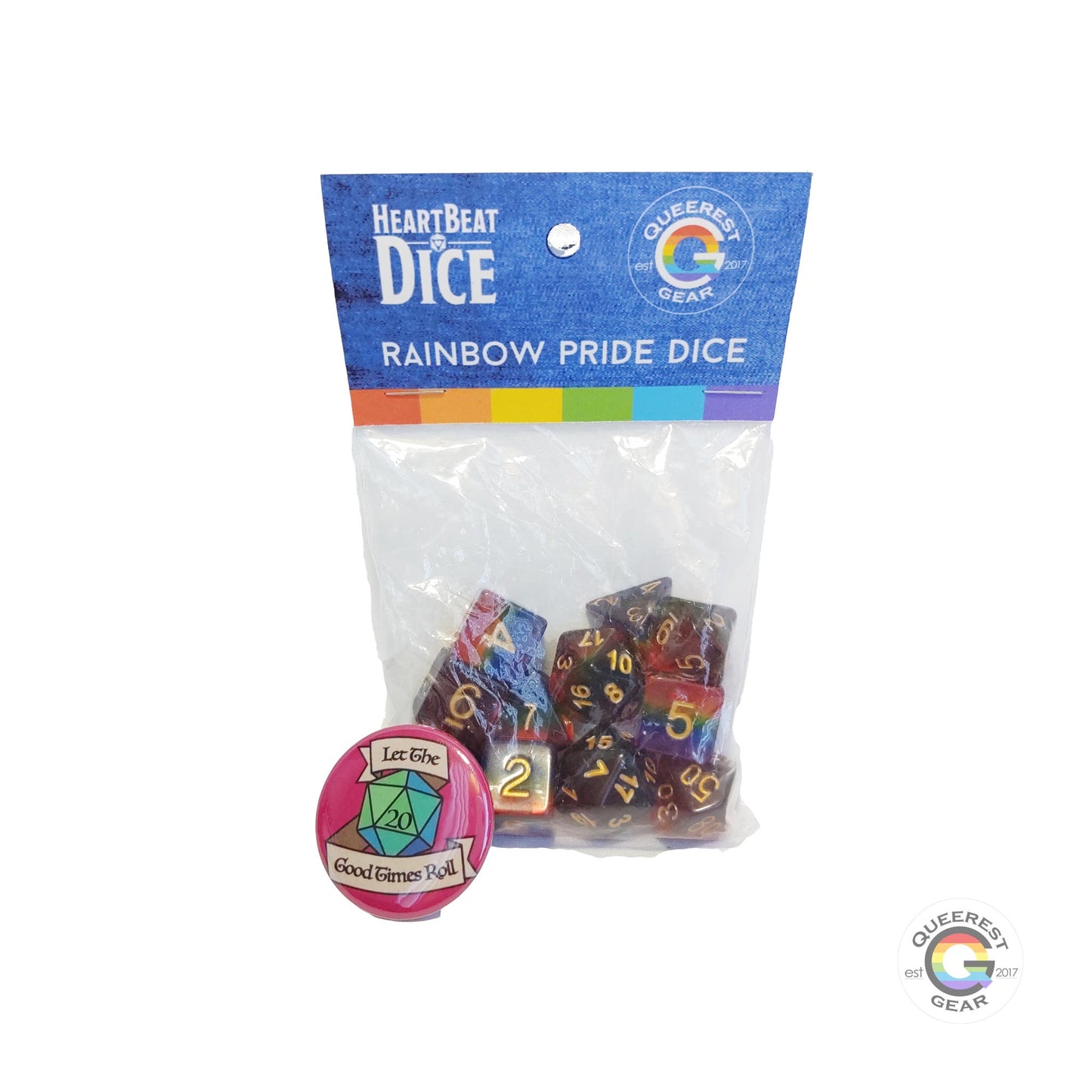  Rainbow pride dice in their packaging with a free “let the good times roll” button