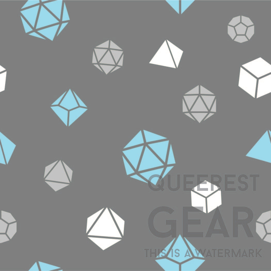 close up of the demiboy dice pattern. There's a dark grey background with pattern of grey, blue, and white polyhedral dnd dice