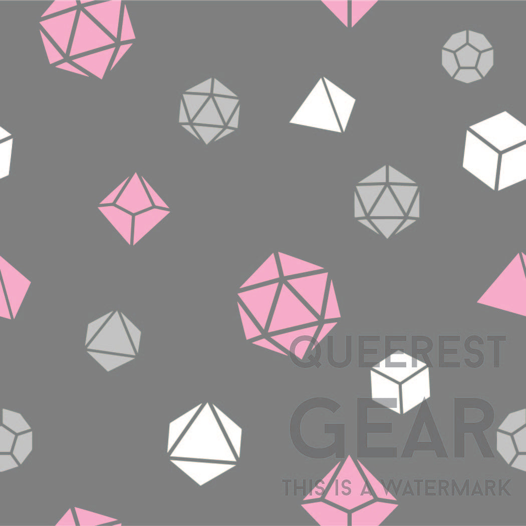 close up of the demigirl dice pattern. There's a dark grey background with pattern of grey, pink, and white polyhedral dnd dice