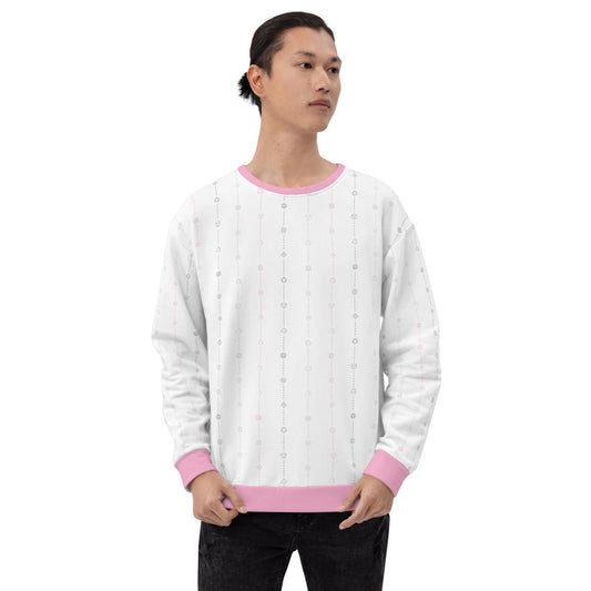 light-skinned dark haired model on a white background facing forward wearing the demigirl pride dice sweater