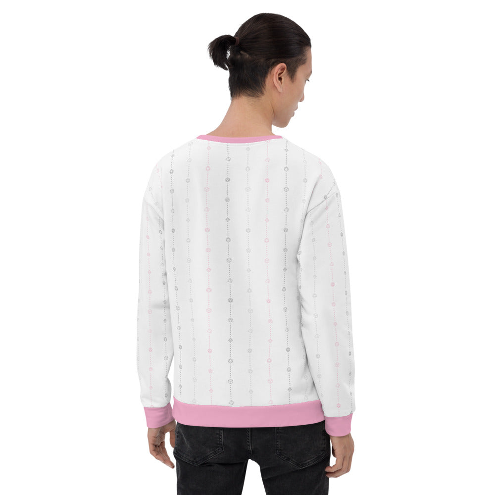 light-skinned dark haired model on a white background facing backwards wearing the demigirl pride dice sweater