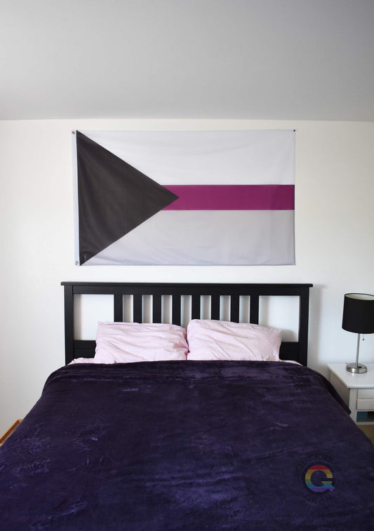 3’x5’ demisexual pride flag hanging horizontally on the wall of a bedroom centered above a bed with a purple blanket