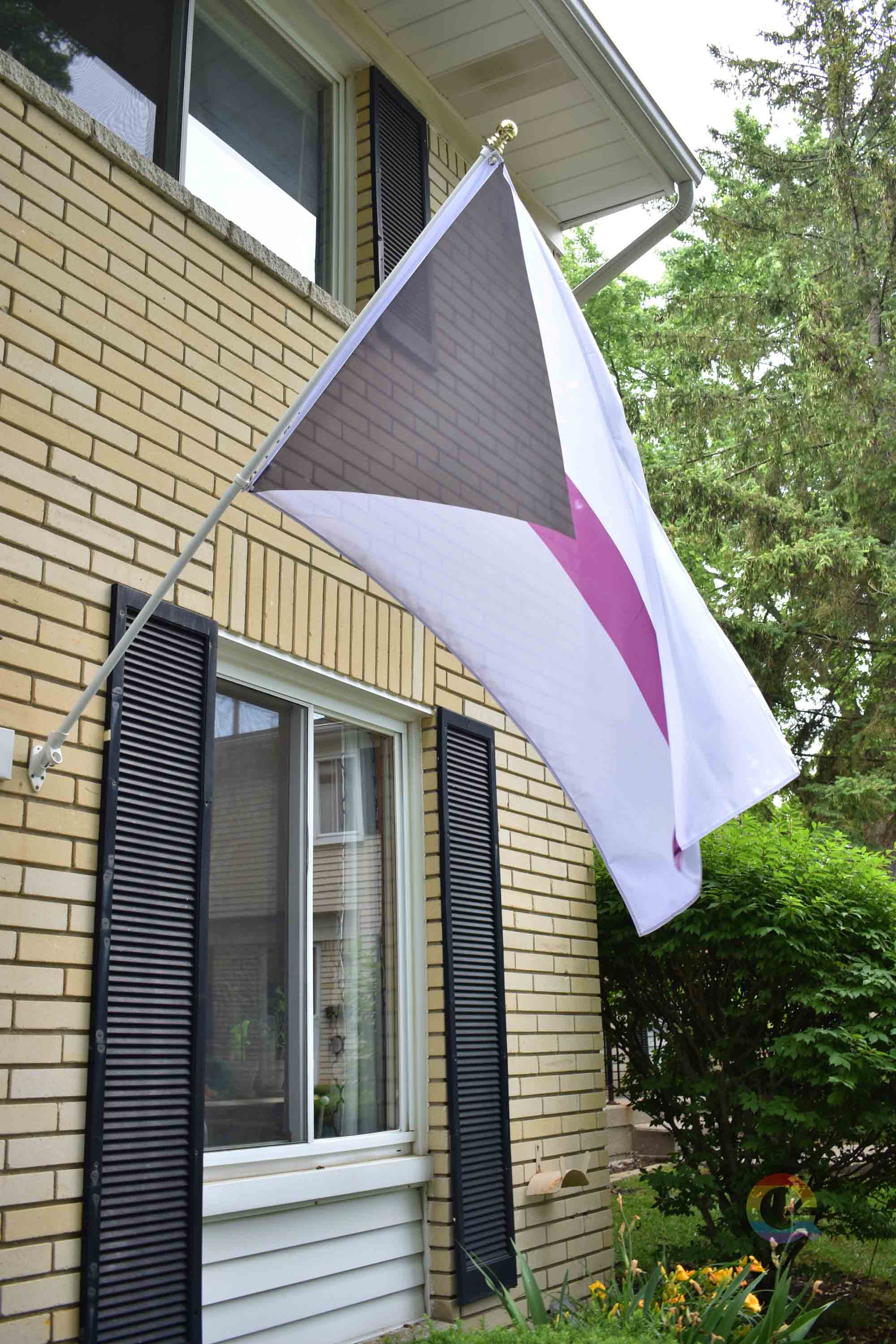 3’x5’ demisexual pride flag hanging from a flagpole on the outside of a light brick house with dark shutters