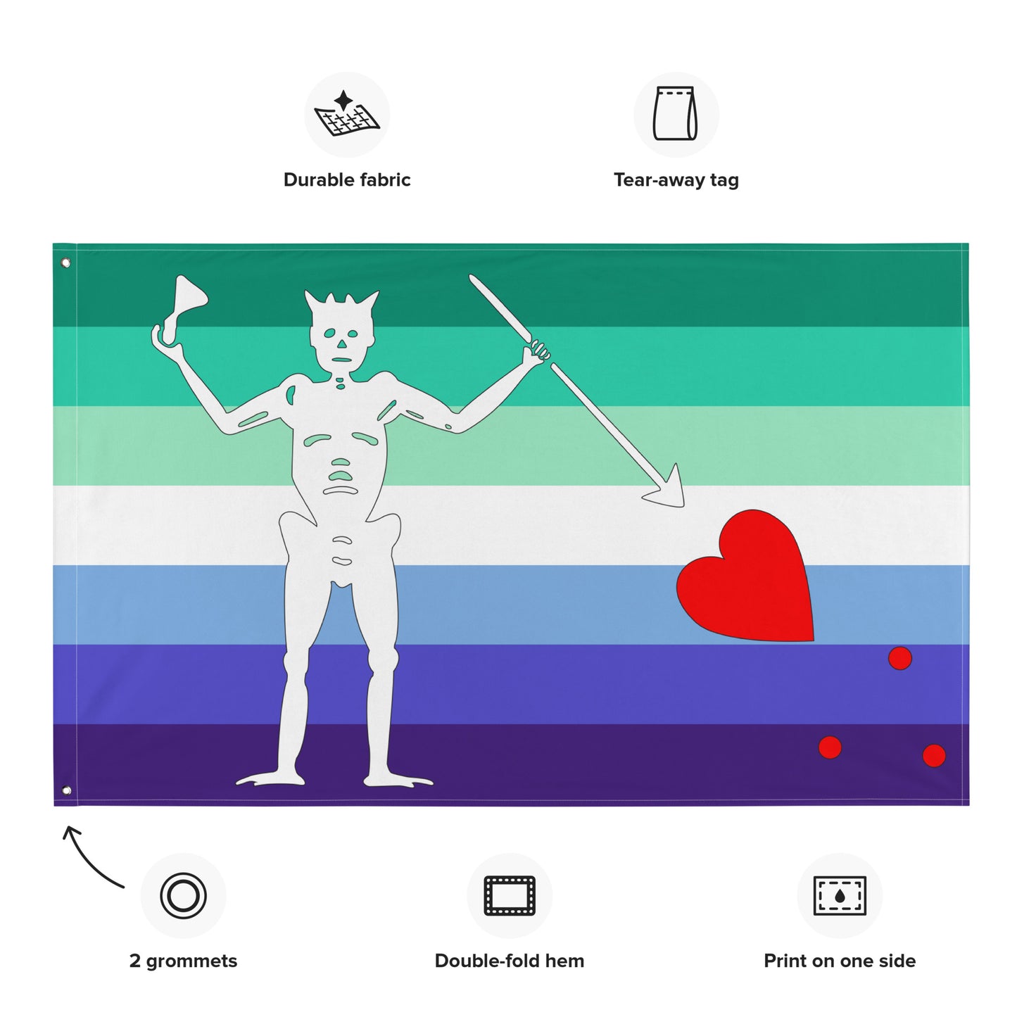 the gay mlm flag with blackbeard's symbol surrounded by the specifications of "durable fabric, tear-away tag, 2 grommets, double-fold hem, print on one side"