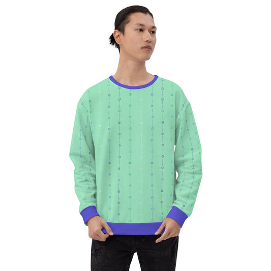 light-skinned dark haired model on a white background facing forward wearing the gay mlm pride dice sweater