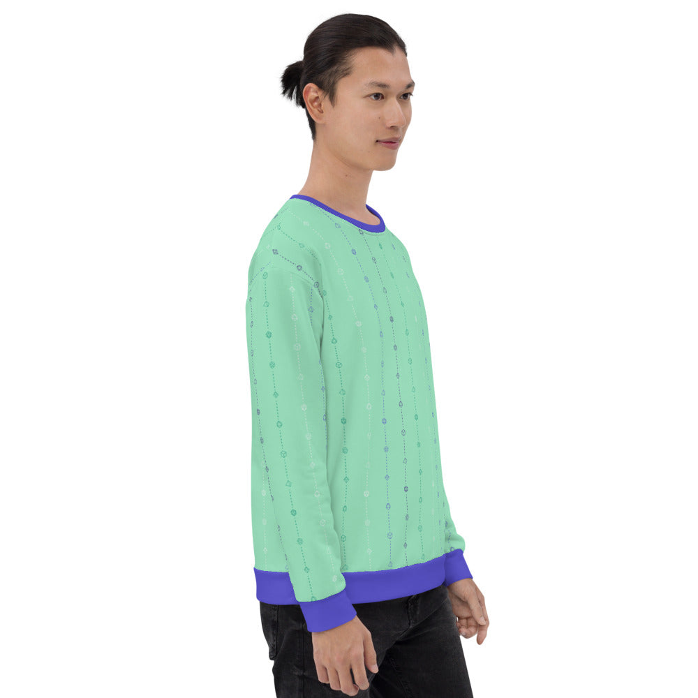 light-skinned dark haired model on a white background facing right wearing the gay mlm pride dice sweater