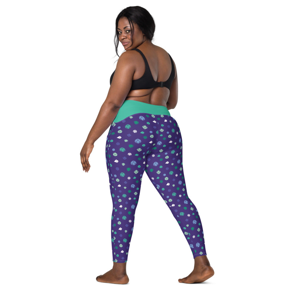 back view of dark-skinned female-presenting plus size model looking over her shoulder. She is wearing the gay mlm dice leggings and a black sports bra