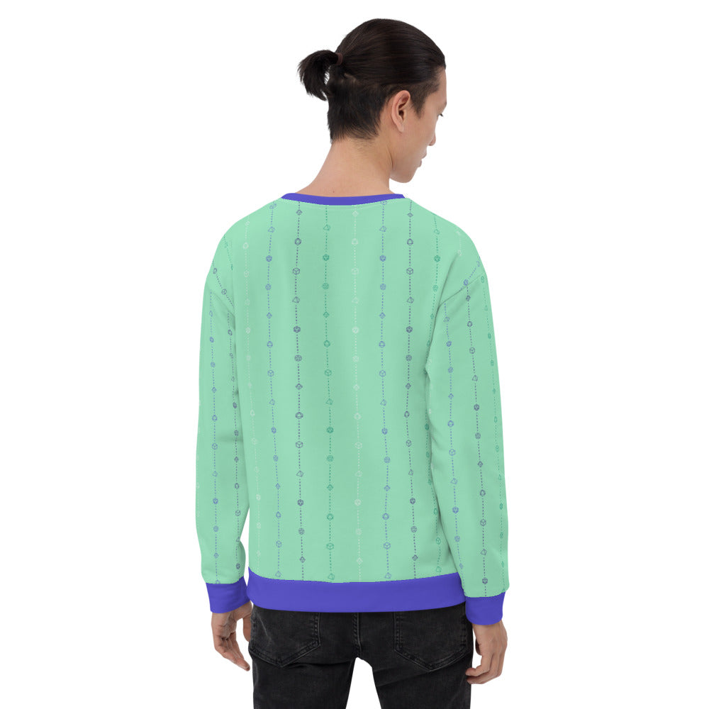 light-skinned dark haired model on a white background facing backwards wearing the gay mlm pride dice sweater