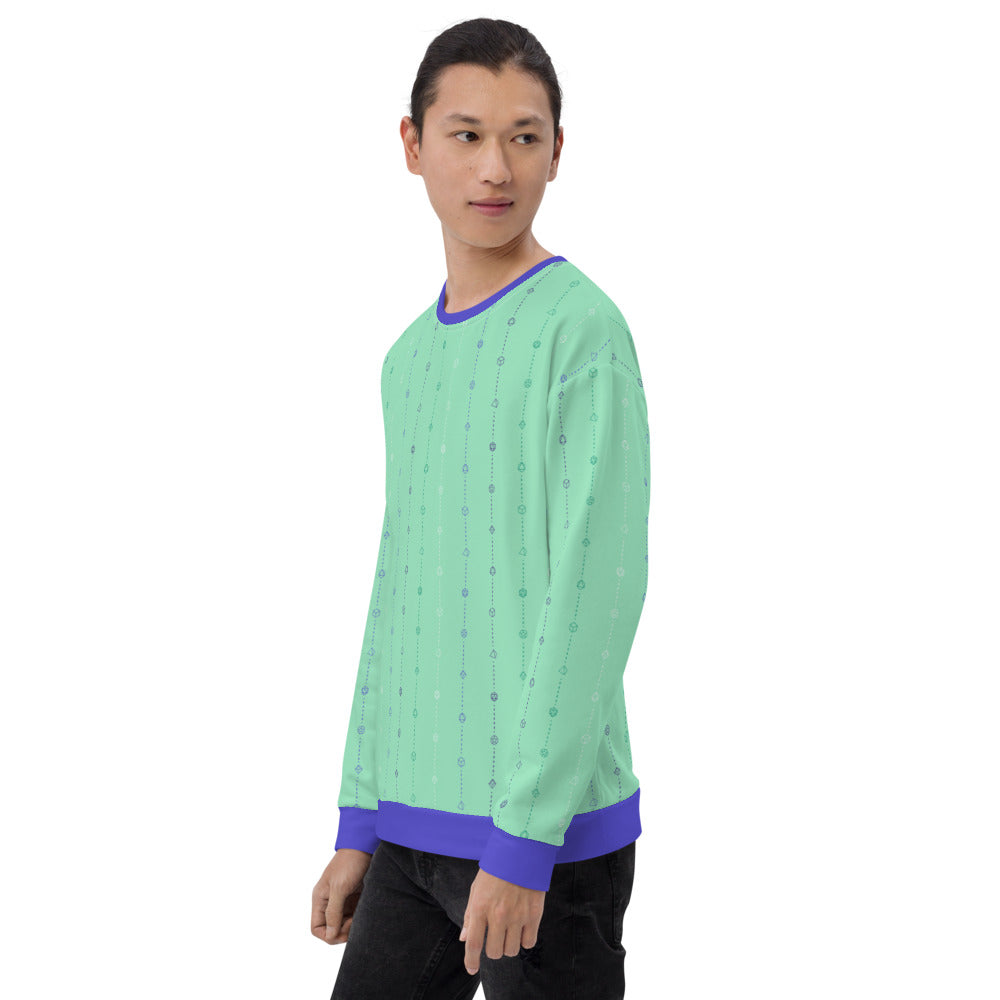 light-skinned dark haired model on a white background facing left wearing the gay mlm pride dice sweater