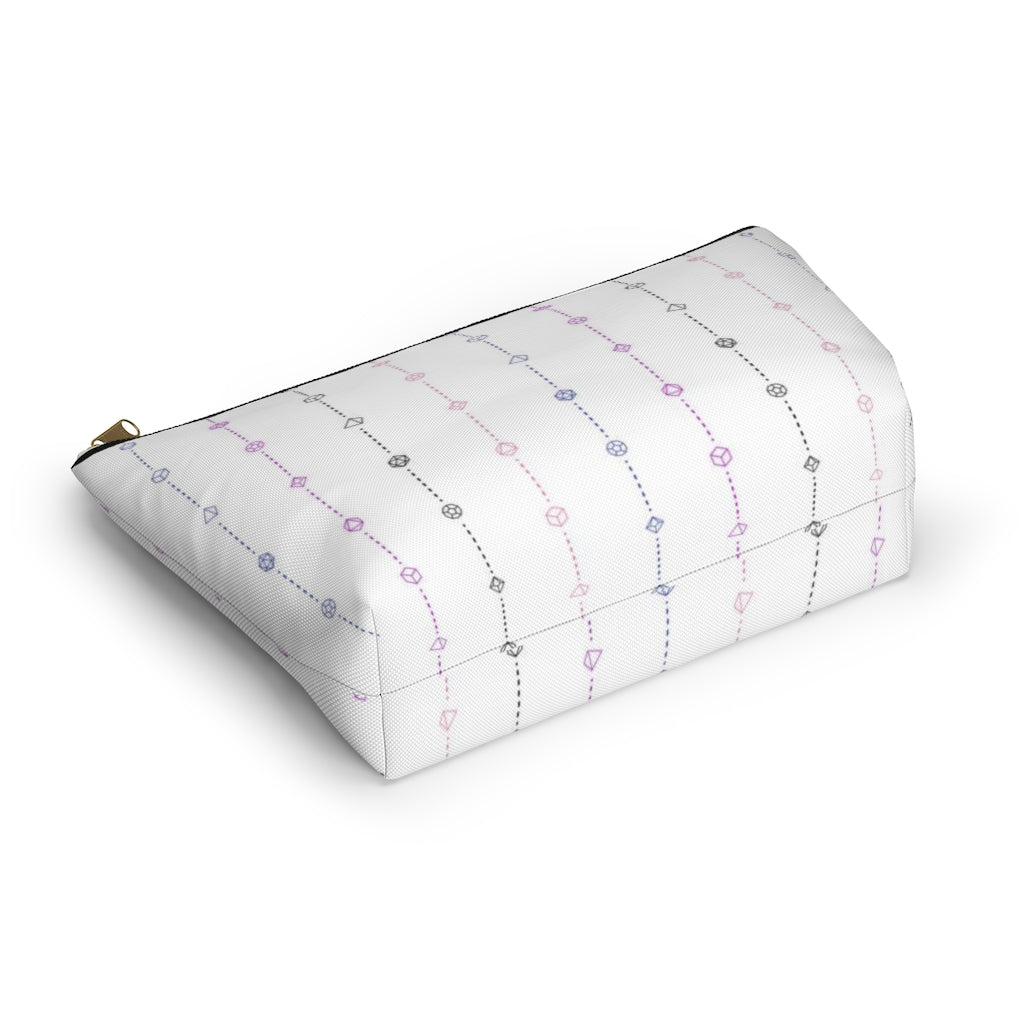 the large genderfluid dice t-bottom pouch in bottom view on a white background. it's white with magenta, peach, black, and blue stripes of dashed lines and polyhedral dice and a gold zipper pull