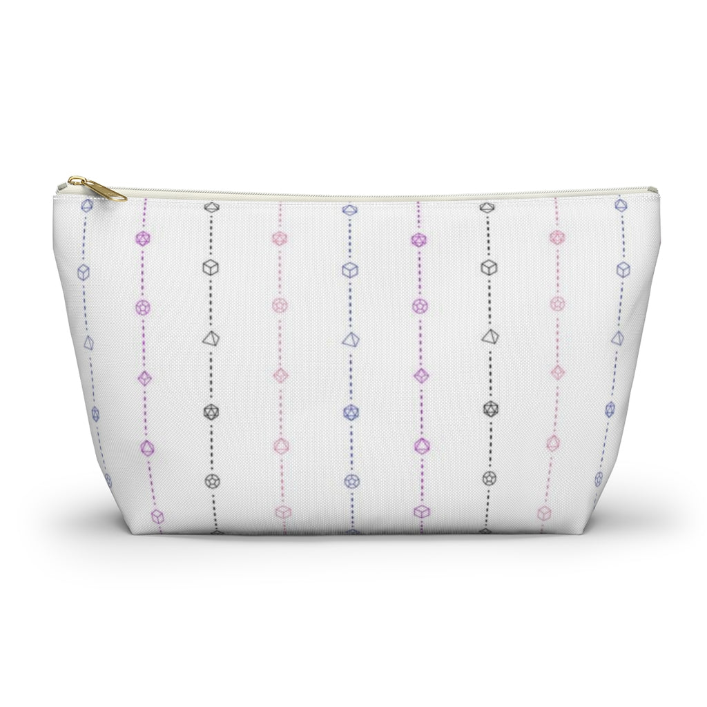 the large genderfluid dice t-bottom pouch in front view on a white background. it's white with magenta, peach, black, and blue stripes of dashed lines and polyhedral dice and a gold zipper pull