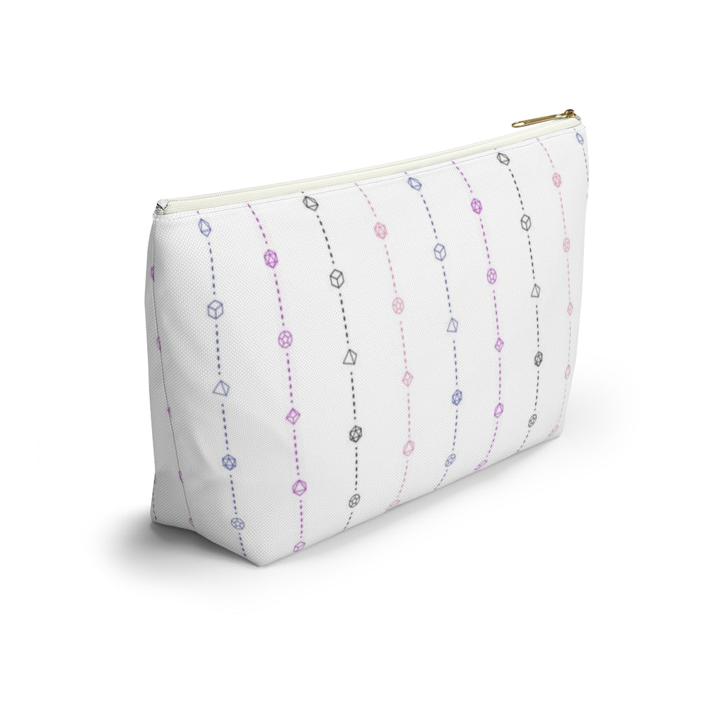 the large genderfluid dice t-bottom pouch in side view on a white background. it's white with magenta, peach, black, and blue stripes of dashed lines and polyhedral dice and a gold zipper pull