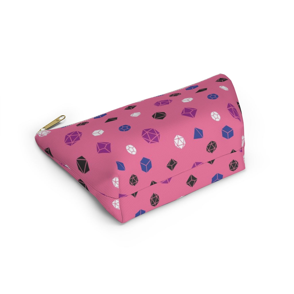 the small genderfluid dice t-bottom pouch in bottom view on a white background. it's peach with magenta, black, blue, and white polyhedral dice and a gold zipper pull