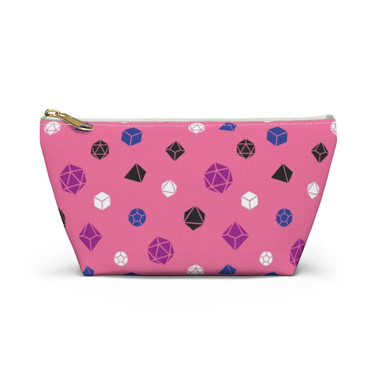 the small genderfluid dice t-bottom pouch in front view on a white background. it's peach with magenta, black, blue, and white polyhedral dice and a gold zipper pull