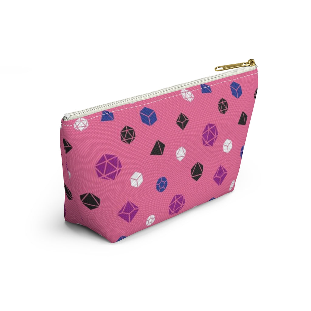 the small genderfluid dice t-bottom pouch in side view on a white background. it's peach with magenta, black, blue, and white polyhedral dice and a gold zipper pull
