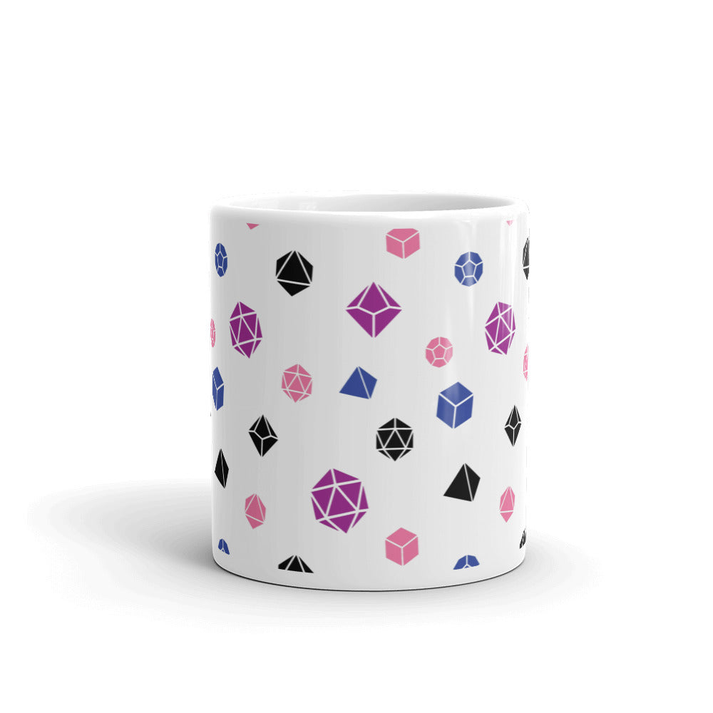 white mug on a white background with handle facing back. It has an all-over print of polyhedral d&d dice in the genderfluid colors of peach, magenta, black, and blue