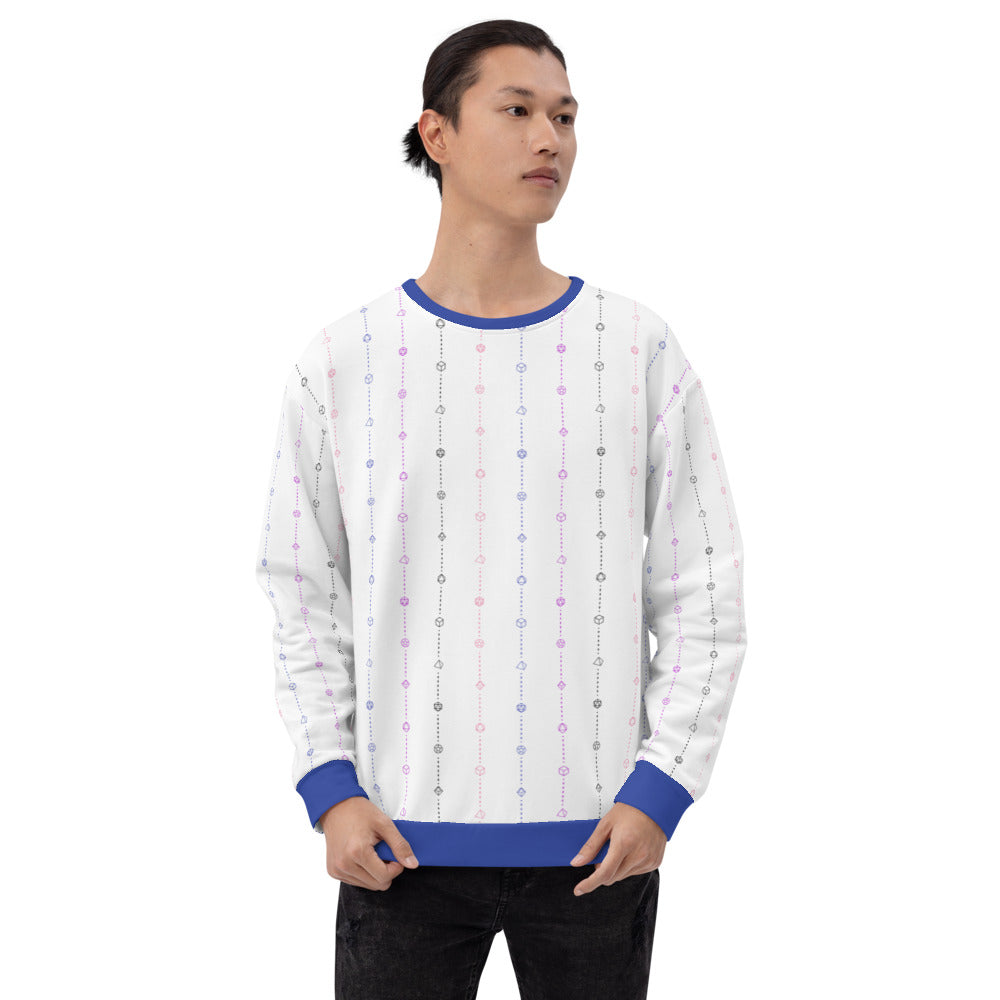 light-skinned dark haired model on a white background facing forward wearing the genderfluid pride dice sweater
