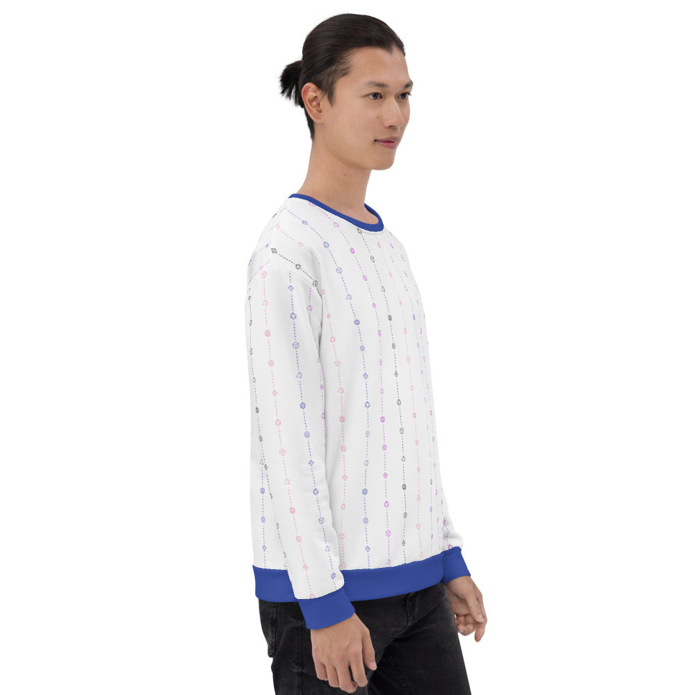 light-skinned dark haired model on a white background facing right wearing the genderfluid pride dice sweater