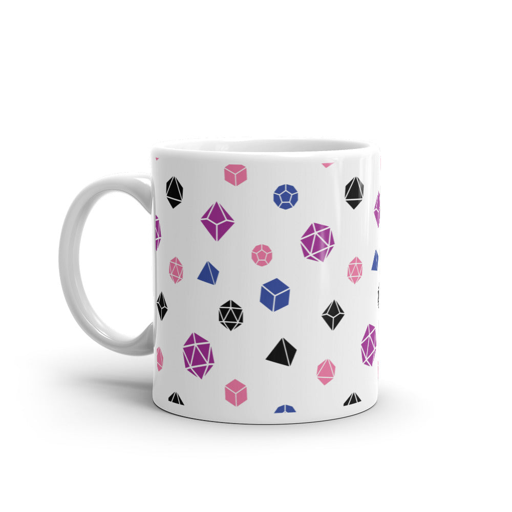 white mug on a white background with handle facing left. It has an all-over print of polyhedral d&d dice in the genderfluid colors of peach, magenta, black, and blue