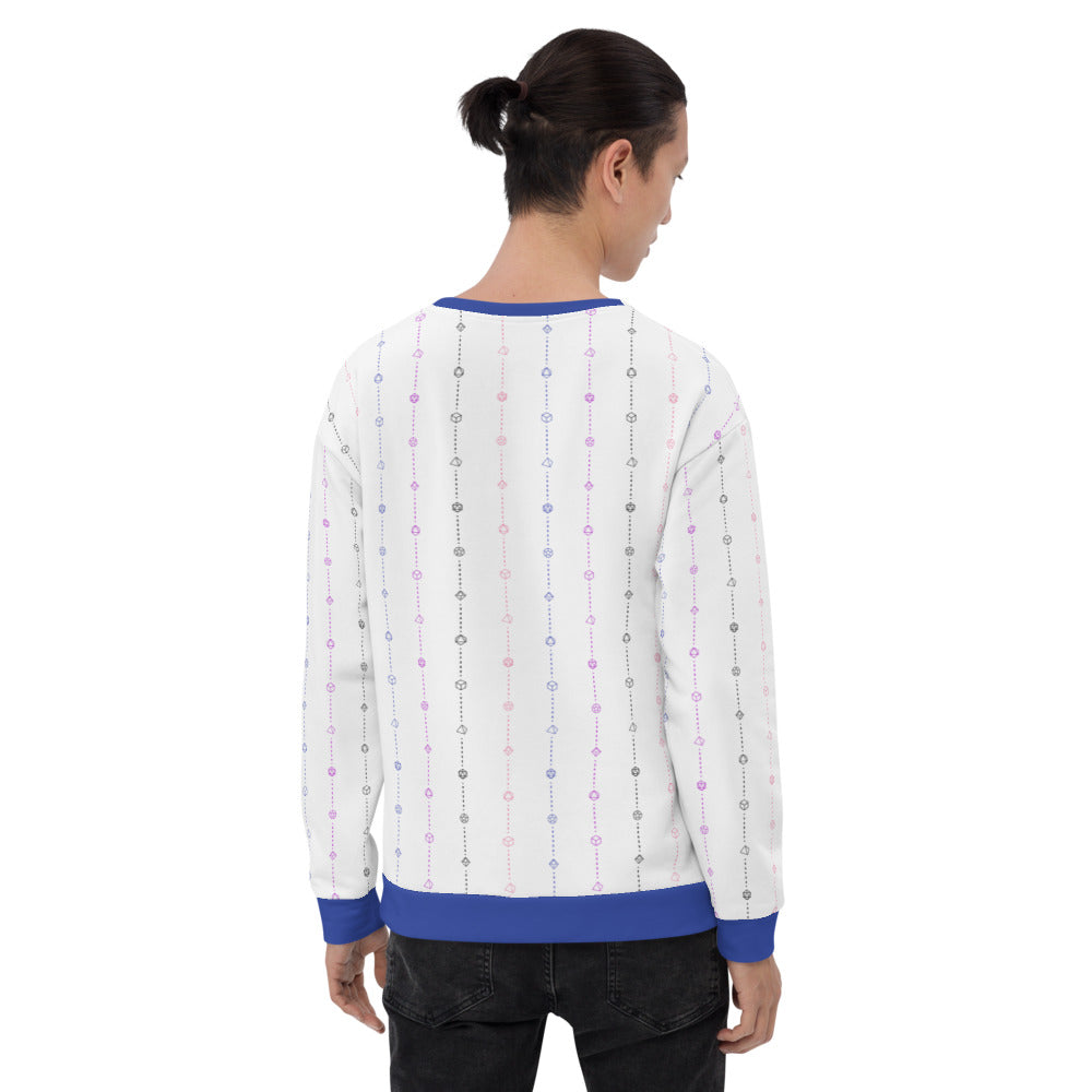 light-skinned dark haired model on a white background facing backwards wearing the genderfluid pride dice sweater