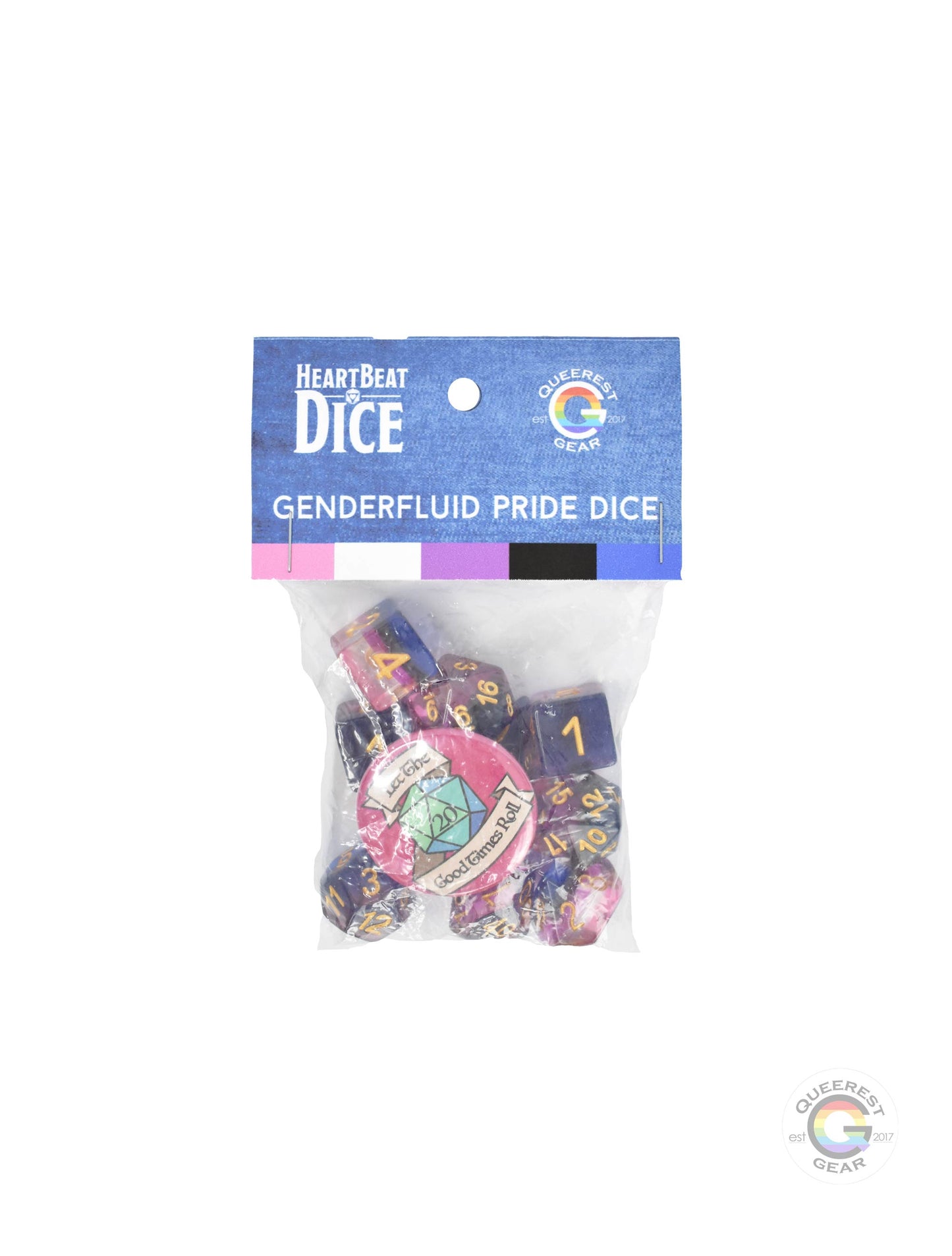 Genderfluid pride dice in their packaging with a free “let the good times roll” button