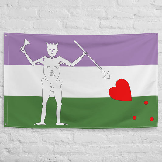 the genderqueer blackbeard pirate flag hanging on a white brick wall