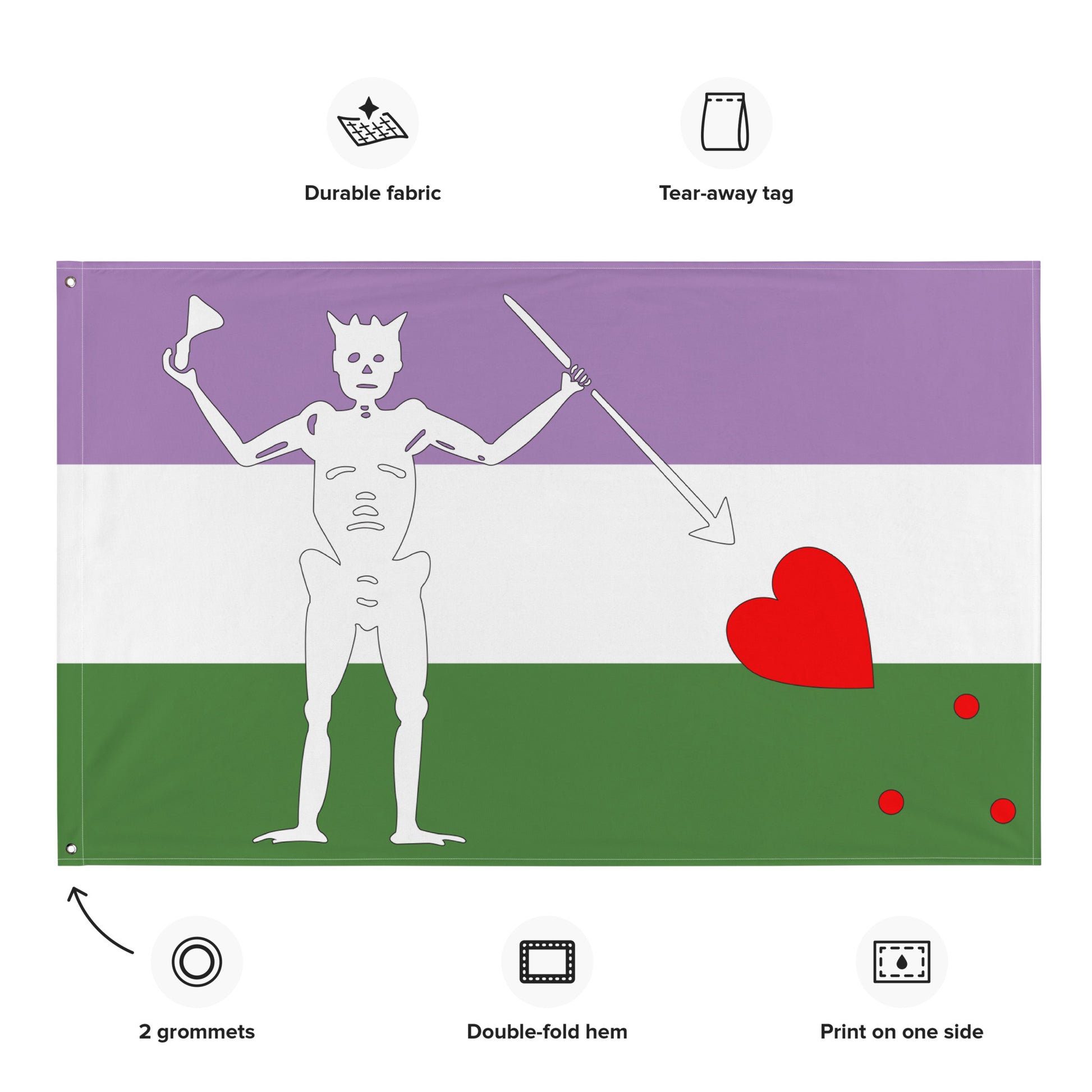 the genderqueer flag with blackbeard's symbol surrounded by the specifications of "durable fabric, tear-away tag, 2 grommets, double-fold hem, print on one side"