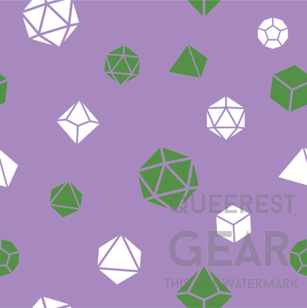 close up of the genderqueer dice pattern. There's a purple background with pattern of green and white polyhedral dnd dice