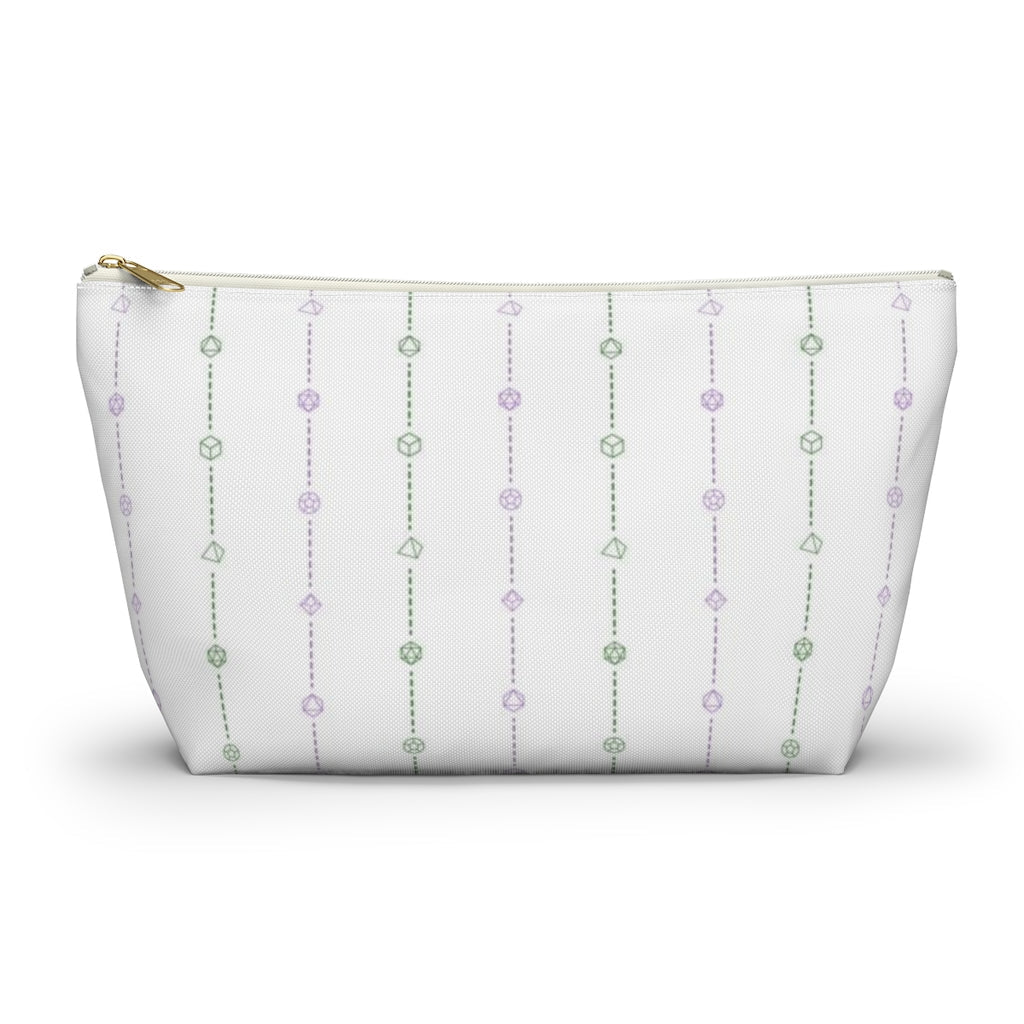 the large genderqueer dice t-bottom pouch in front view on a white background. it's white with green and purple stripes of dashed lines and polyhedral dice and a gold zipper pull