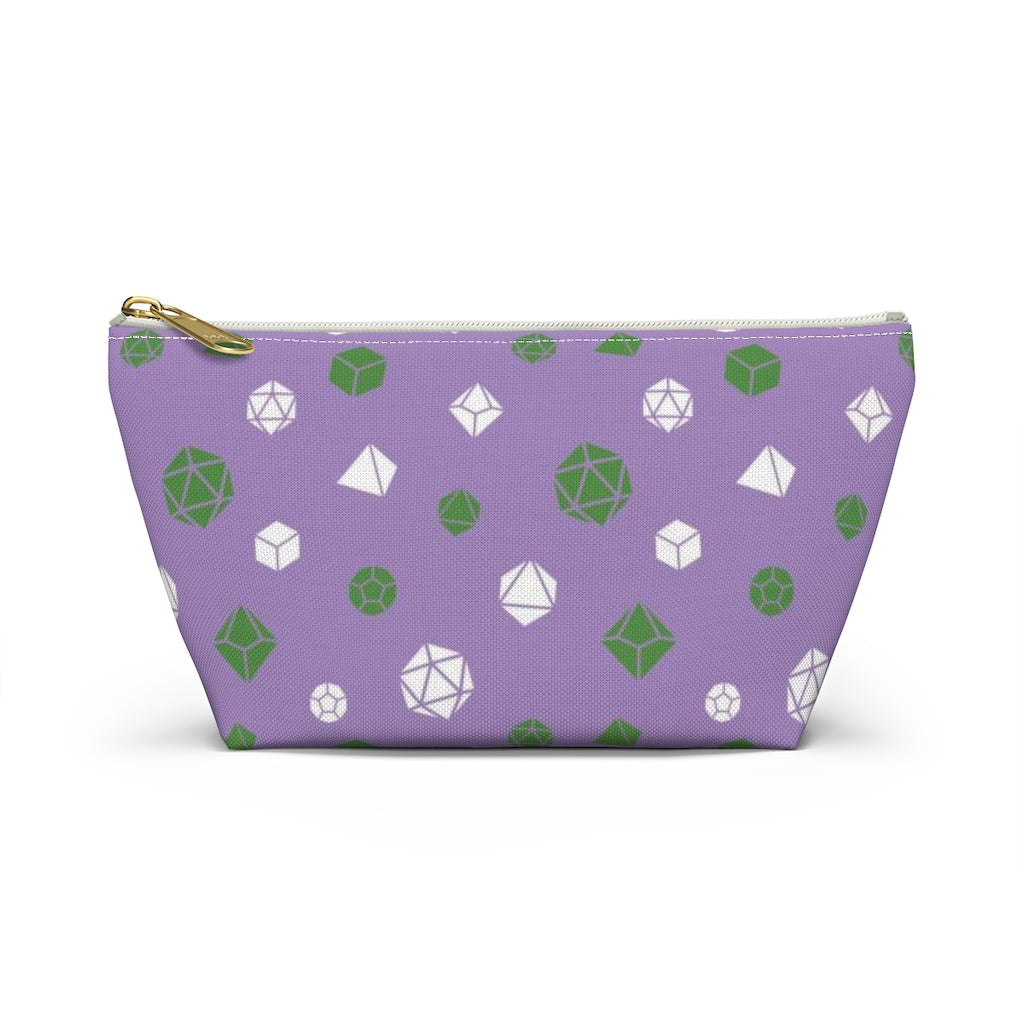 the small genderqueer dice t-bottom pouch in front view on a white background. it's purple with green and white polyhedral dice and a gold zipper pull