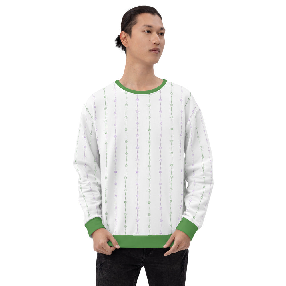 light-skinned dark haired model on a white background facing forward wearing the genderqueer pride dice sweater
