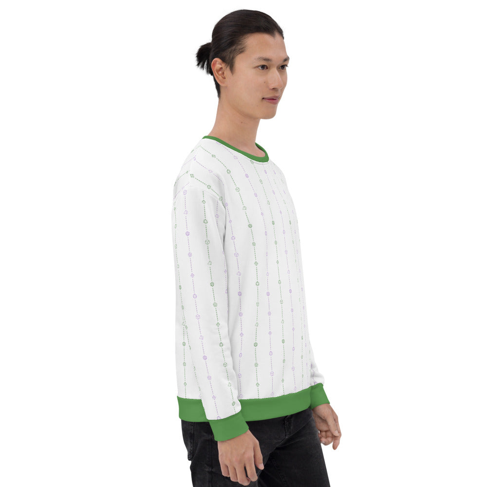 light-skinned dark haired model on a white background facing right wearing the genderqueer pride dice sweater