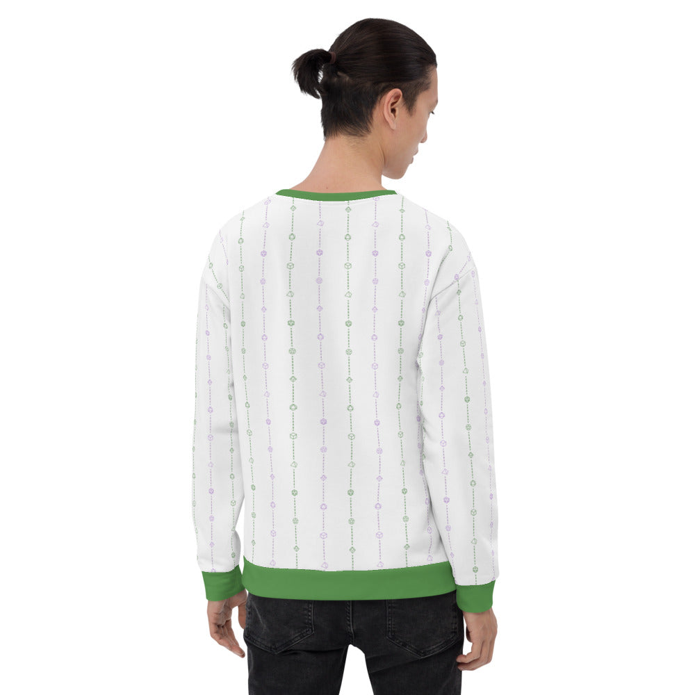 light-skinned dark haired model on a white background facing backwards wearing the genderqueer pride dice sweater