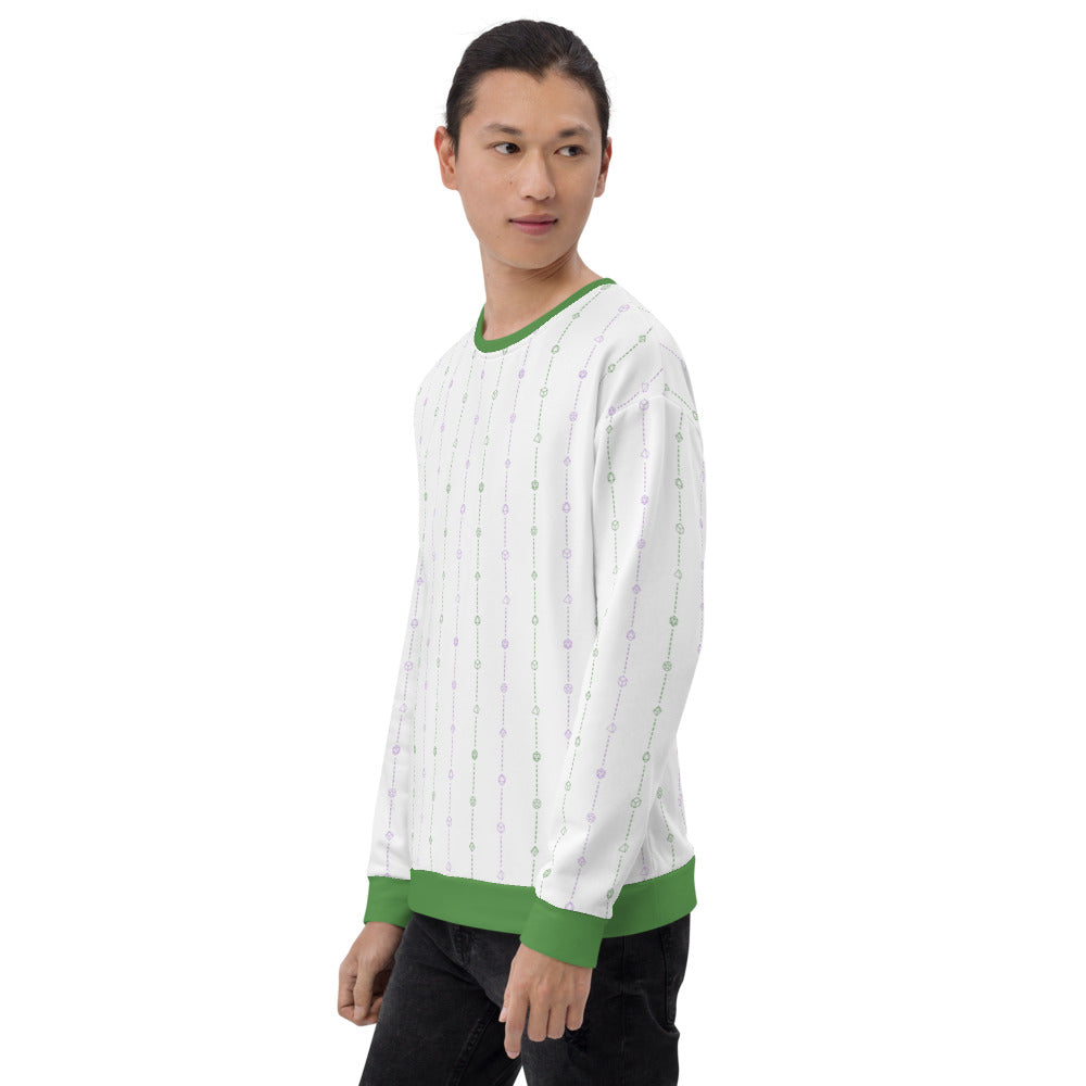 light-skinned dark haired model on a white background facing left wearing the genderqueer pride dice sweater