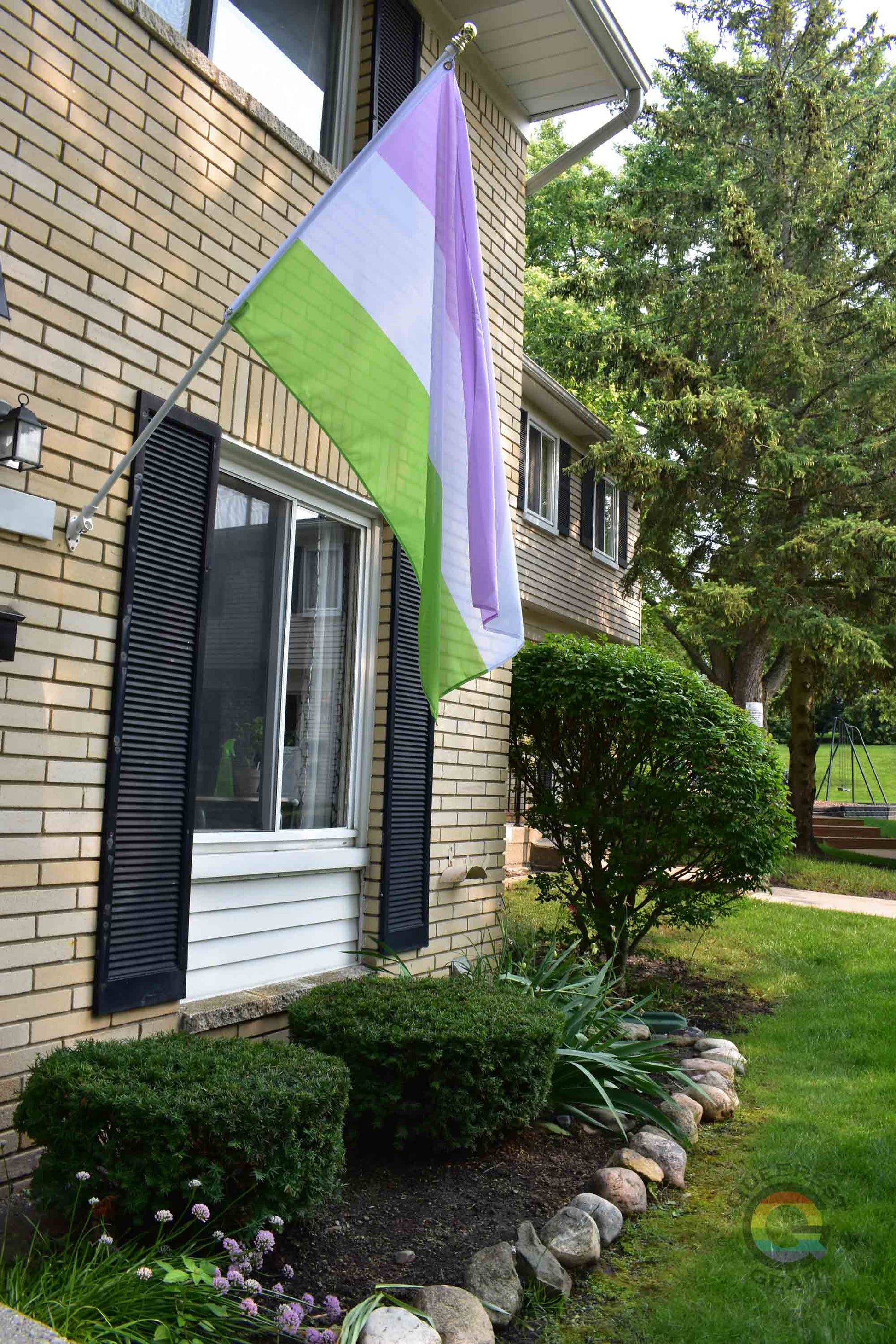 3’x5’ genderqueer pride flag hanging from a flagpole on the outside of a light brick house with dark shutters