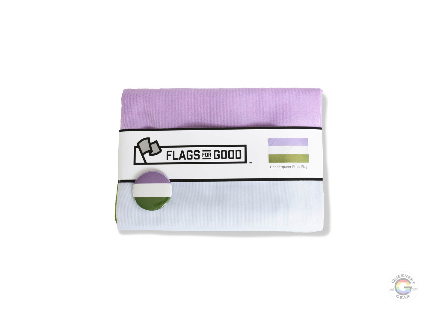 The genderqueer pride flag folded in its packaging with the matching free genderqueer flag button