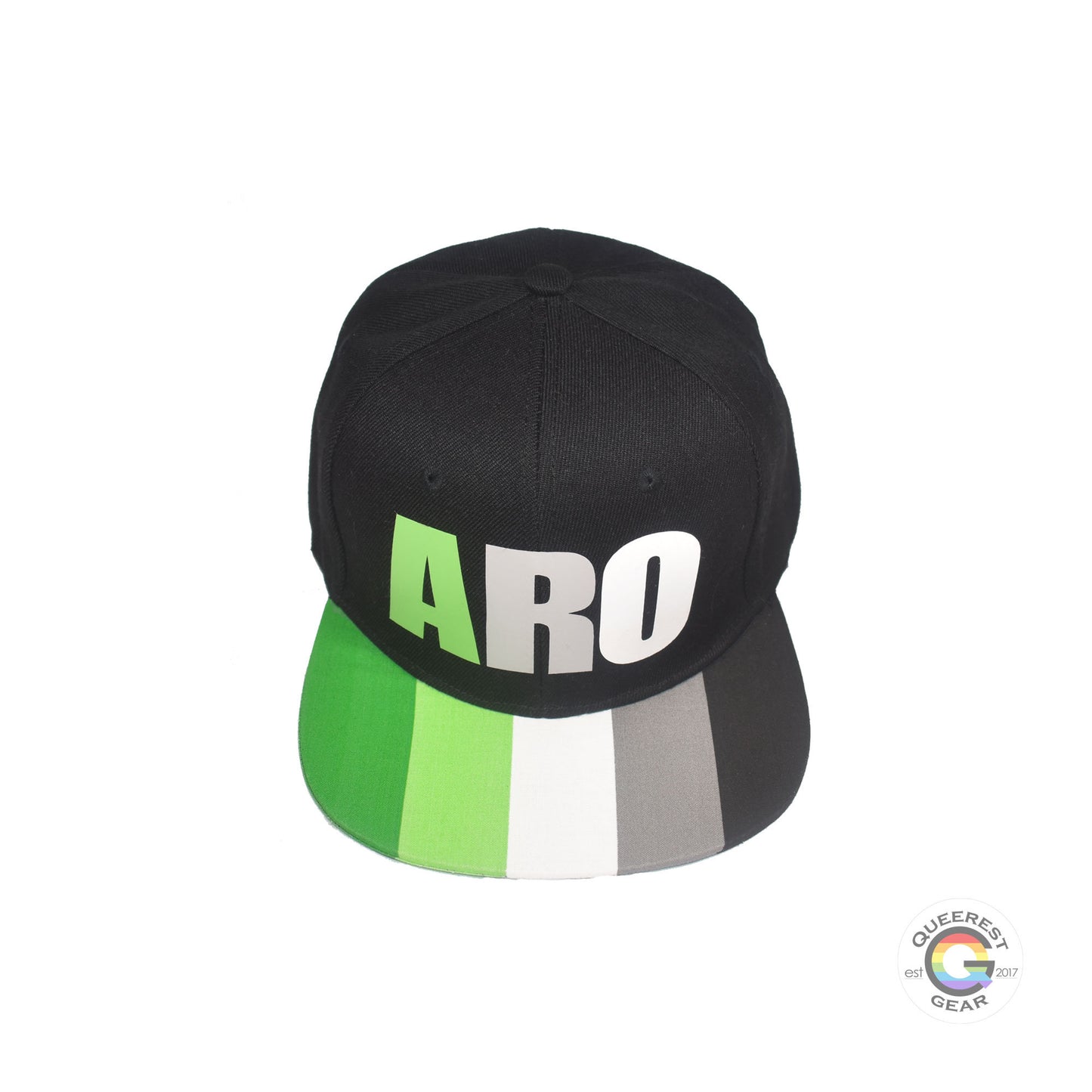 Black flat bill snapback hat. The brim has the aromantic pride flag on both sides and the front of the hat has the word “ARO” in green, grey, and white. Front top view