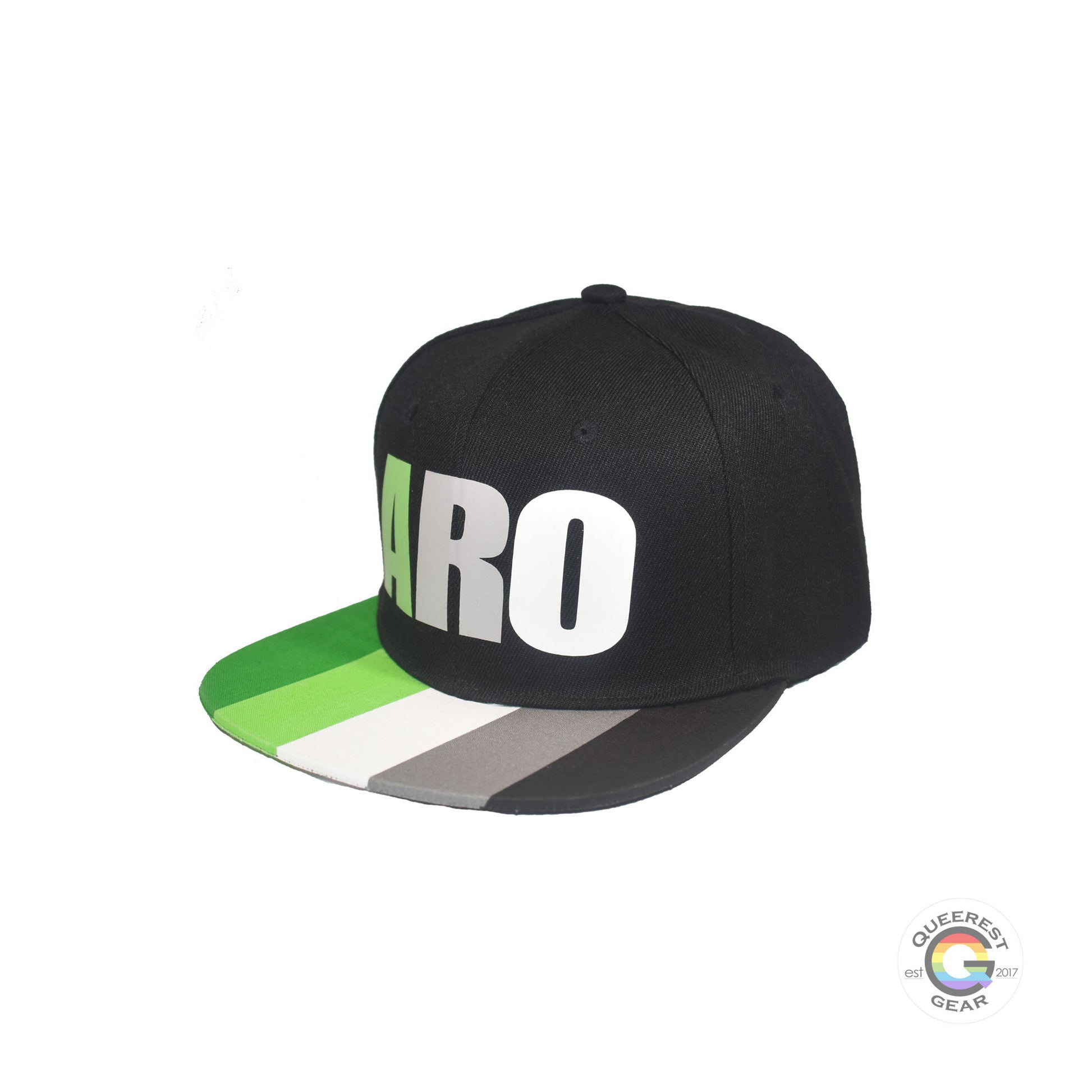 Black flat bill snapback hat. The brim has the aromantic pride flag on both sides and the front of the hat has the word “ARO” in green, grey, and white. Front left view